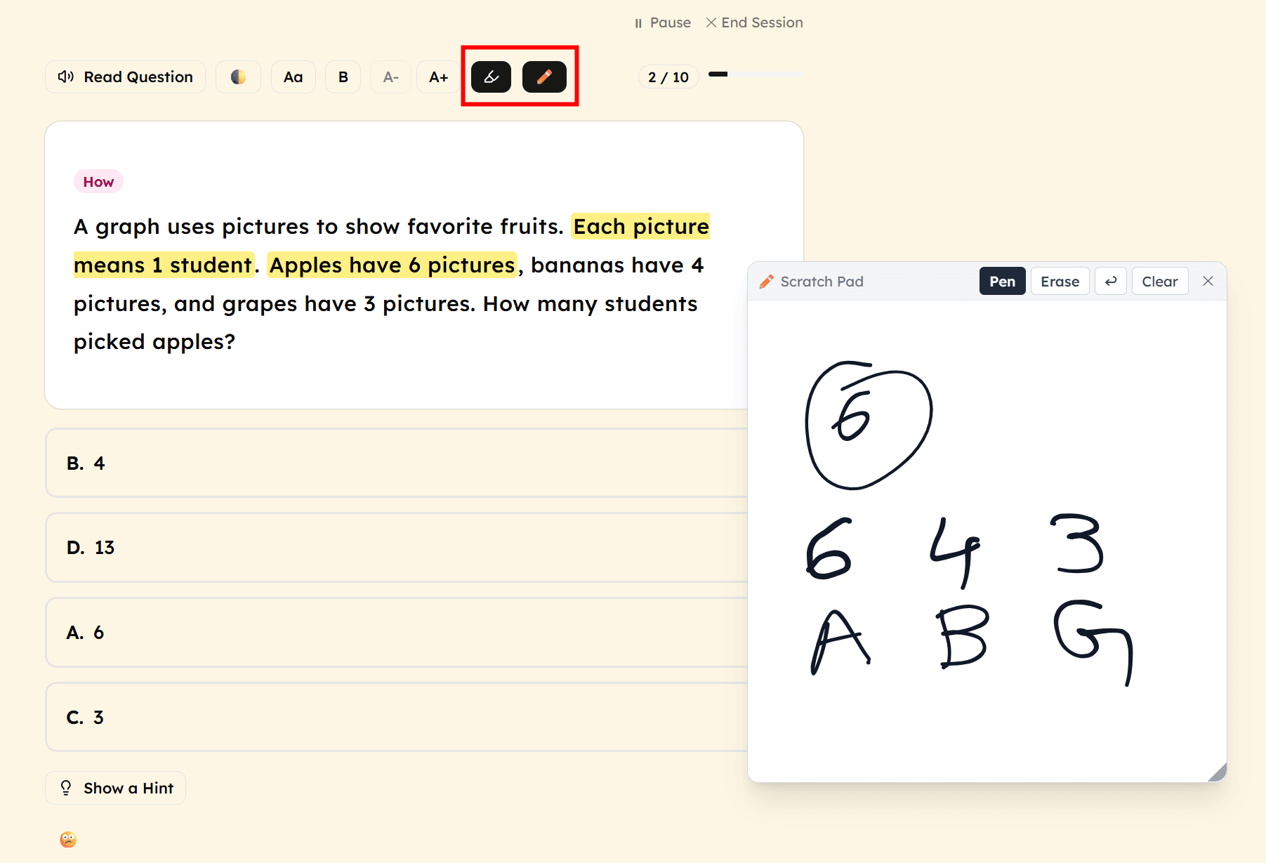 A practice question with text highlighted in yellow and a scratchpad open showing handwritten notes